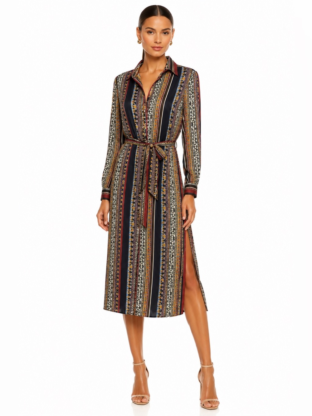 Japna Multicolor Striped Shirt Midi Dress with Tie Belt